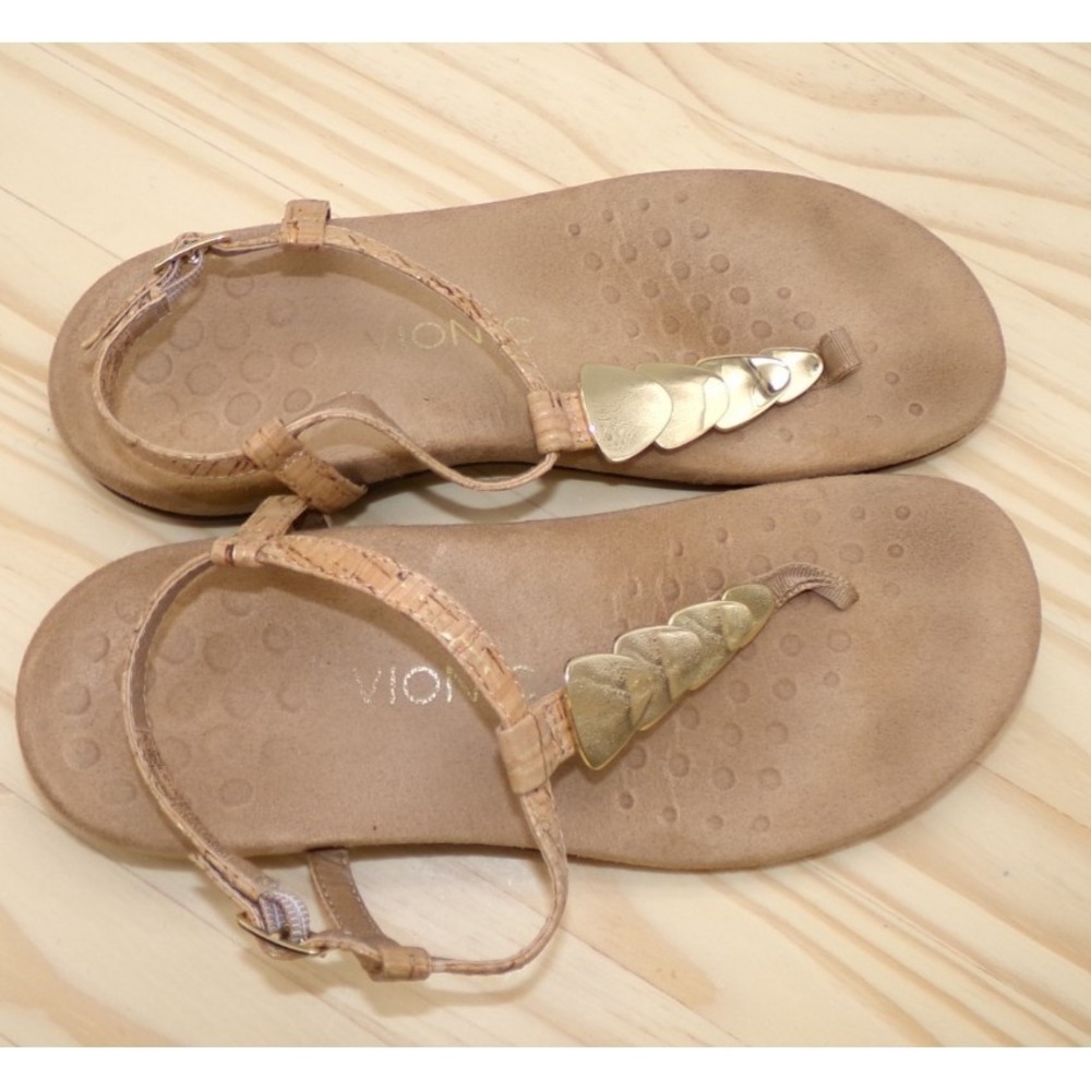 Vionic Miami Thong Sandals Womens Tan Cork Look Gold Metal Size 8 Ankle Strap - Picture 7 of 8